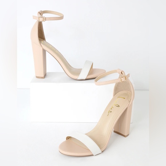 Lulus Taylor Light Nude and White Color Block Ankle Strap Heels Size: 7 - Picture 3 of 5
